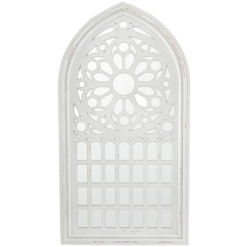 Wood Carved Wall Mirror with Arched Window Panes - White - Roche River Decor - 2"W x 28"L x 52"H