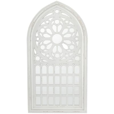 Wood Carved Wall Mirror with Arched Window Panes - White - Roche River Decor - 2"W x 28"L x 52"H