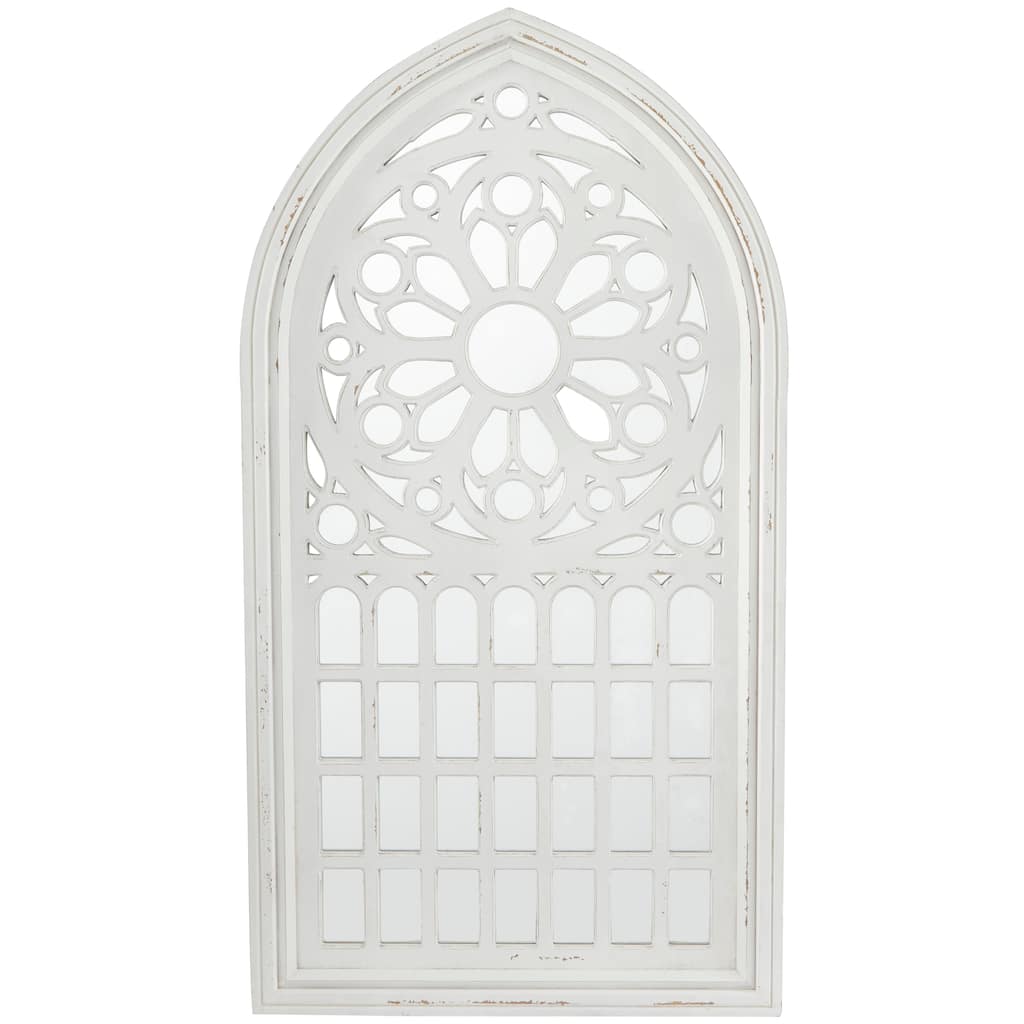 Wood Carved Wall Mirror with Arched Window Panes - White - Roche River Decor - 2"W x 28"L x 52"H