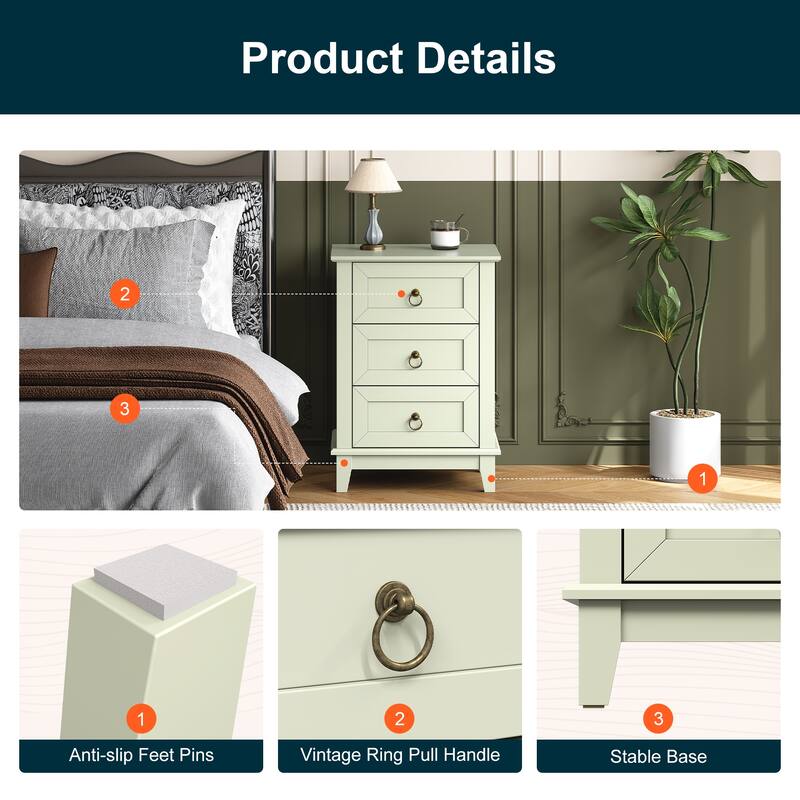 Modern 3-Drawer Wooden Nightstand, Tall & Narrow