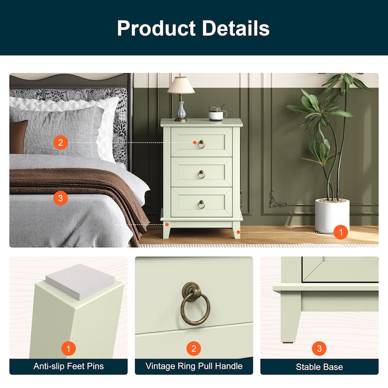 Modern 3-Drawer Wooden Nightstand Set of 2