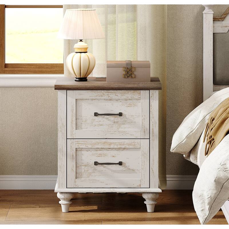 Nightstand with Charging Station, 2-Drawer End Table for Bedroom