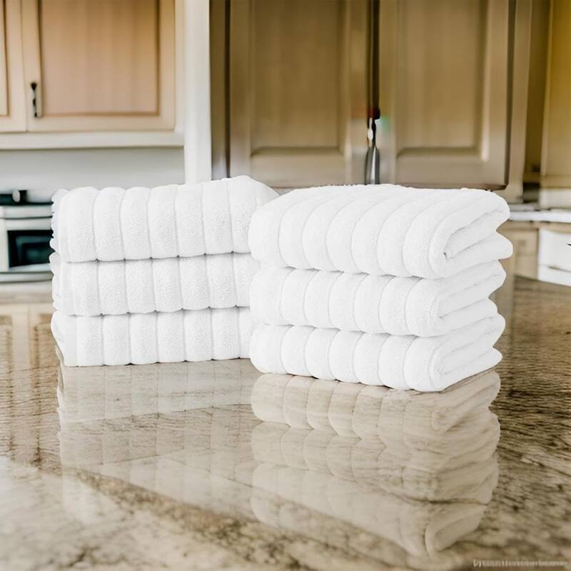 CTT Classic White Ribbed Combed %100 Turkish Cotton Quick Dry and Absorbent Hand Towel Set of 6 - 33" L x 20" W