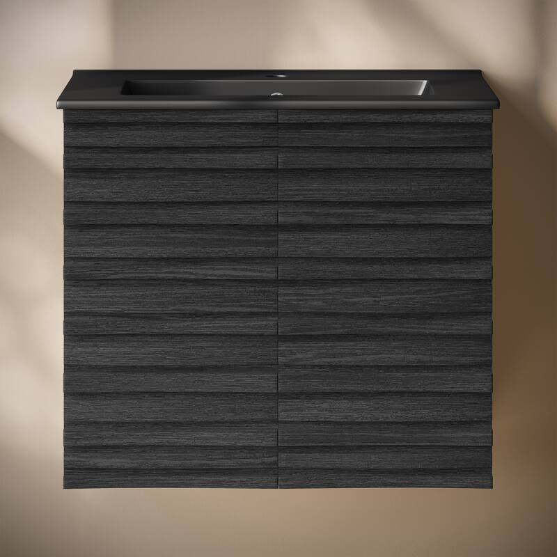 Cascade 24" Wall-Mounted Bathroom Vanity In Black Oak With Black Sink Top - 24