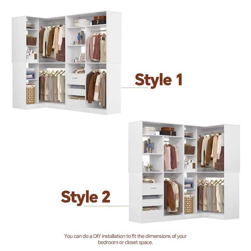 Qvella Set of 2 Corner Closet System with Drawers and Hanging Rods,72 Inches Wide Closet Organizer for Walk-in Closet