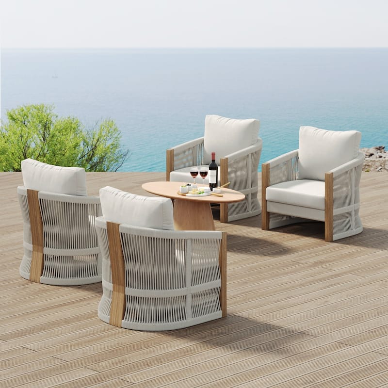 Jagger Farmhouse Patio Seating with Solid Acacia Wood Frame, Cushions, and Rope Accent