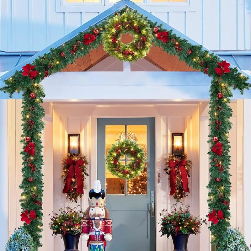22 Inch Christmas Wreath Front Door, Pre-Lit Xmas Wreath with Red Berries - N/A