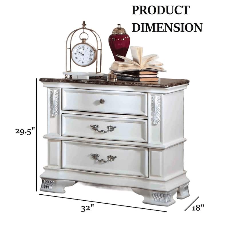 Traditional Nightstand - Pearl White Finish with Marble Top