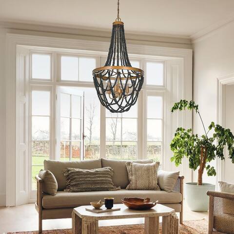Modern Farmhouse 4-light Black Wood Beaded Chandelier High Ceiling Lights for Dining Room - D 18" x H 95"