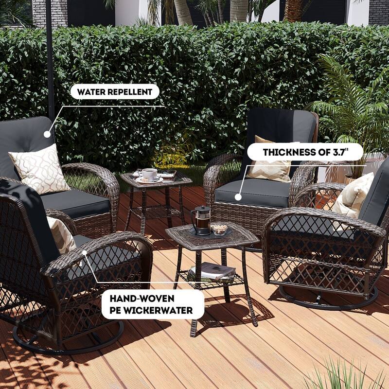 Patio Watcher 6-Piece Brown Wicker 360-Degree Patio Conversation Outdoor Rocking Chair Set with Cushions