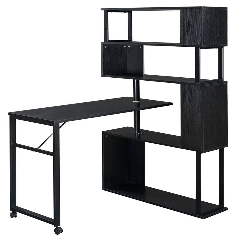 Home Office Computer Desk L-Shaped Corner Table, Rotating Office Desk with 5-Tier Bookshelf & Lockable Casters