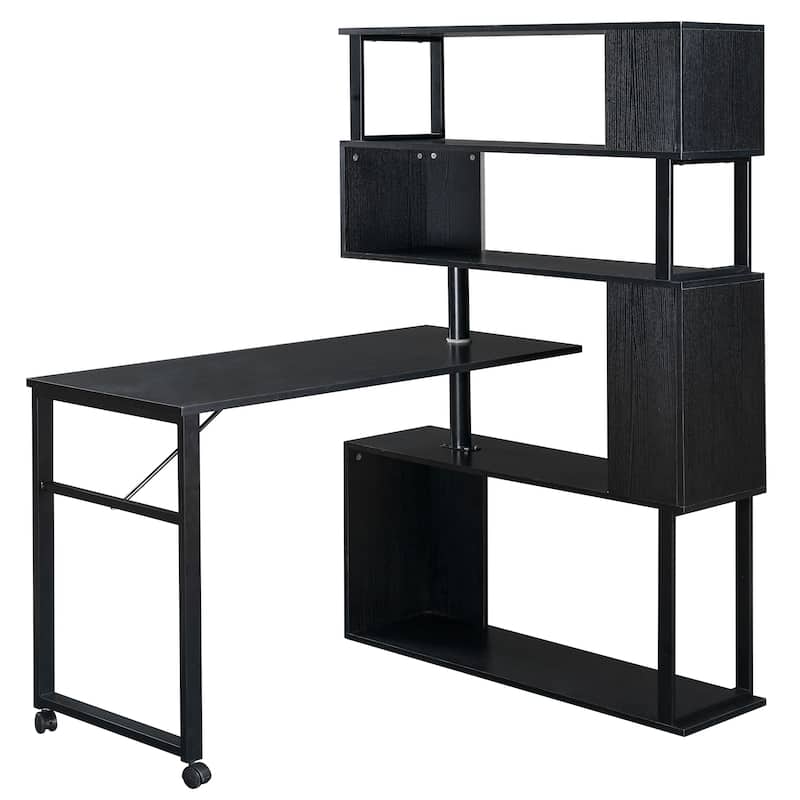 Roomfitters L-Shaped Home Office Desk, Corner Computer Table with 5-Tier Bookshelf, Lockable Casters, 4 Setups, Black