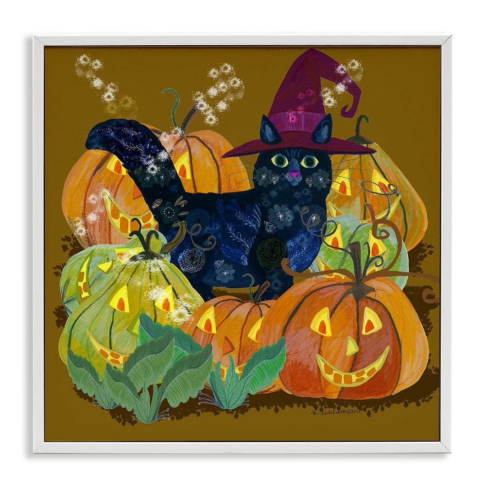 Stupell Cat with Jack-o-Lanterns Framed Giclee Art Design By Kay Widdowson