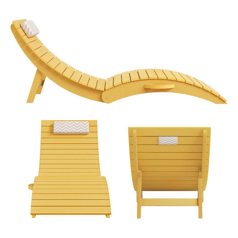 2-Piece Folding HDPS Plastic Outdoor Pool Chaise Lounges with Headrest Cushion