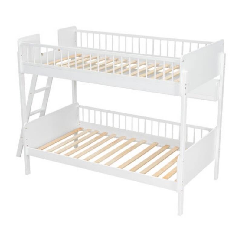 Twin Wooden Bunk Bed with 3 Storage Shelves & Adjustable Ladder