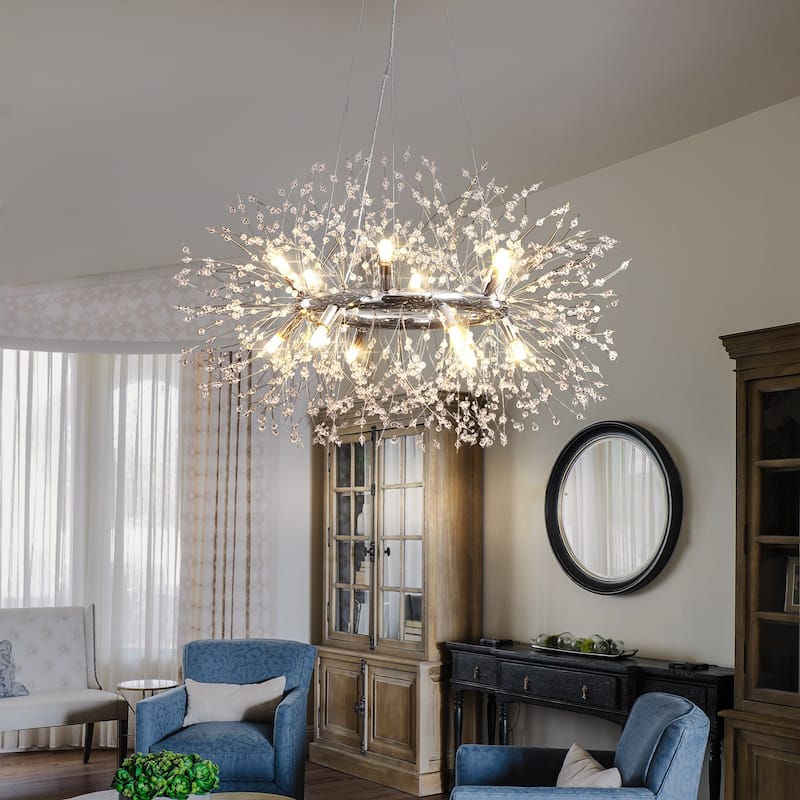 12/20 - Light Modern Glam Sputnik Wagon Wheel Crystal Chandelier for Entryway, Living Room(Bulbs Included)