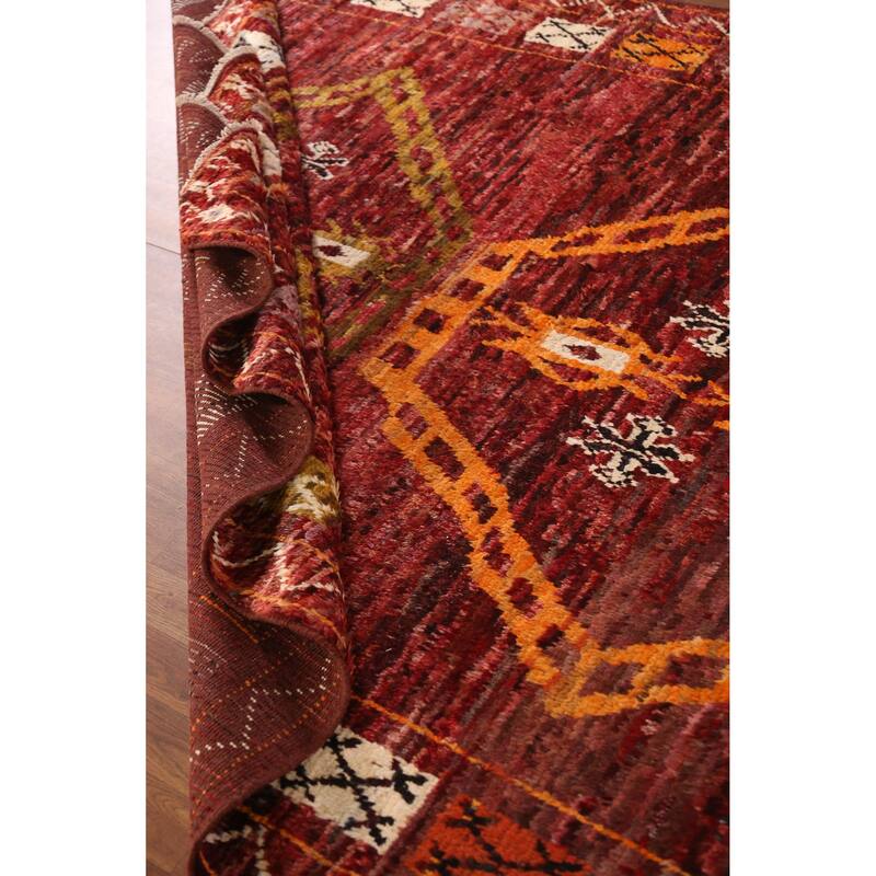 Geometric Red Moroccan Oriental Area Rug Hand-Knotted Wool Carpet - 6'10" x 9'7"