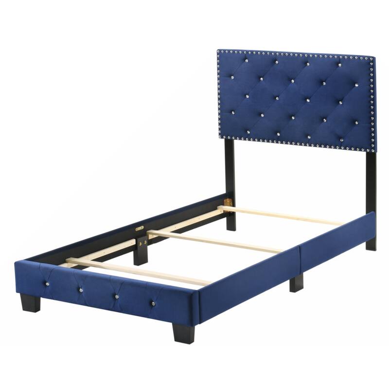Navy Blue Velvet Platform Bed with Nailhead Trim, Twin Size