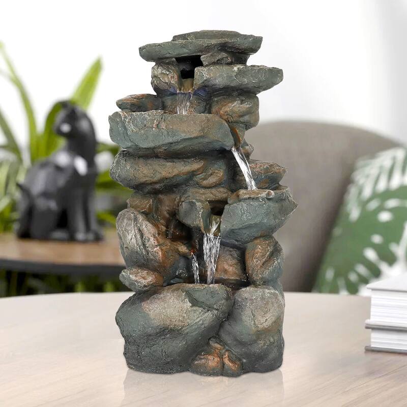 5-Tier Rock Falls Cascading Tabletop Water Fountain with LED Lights - grey