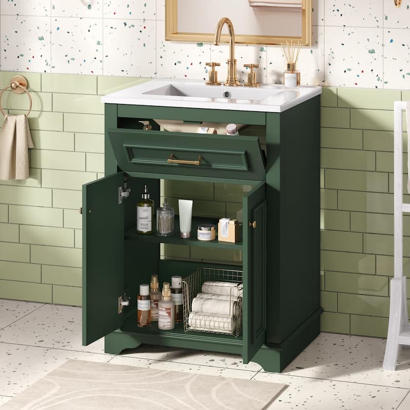 24" Bathroom Vanity with Integrated Ceramic Sink, Bathroom Cabinet with 2 Doors, 1 Tip-Out Drawer