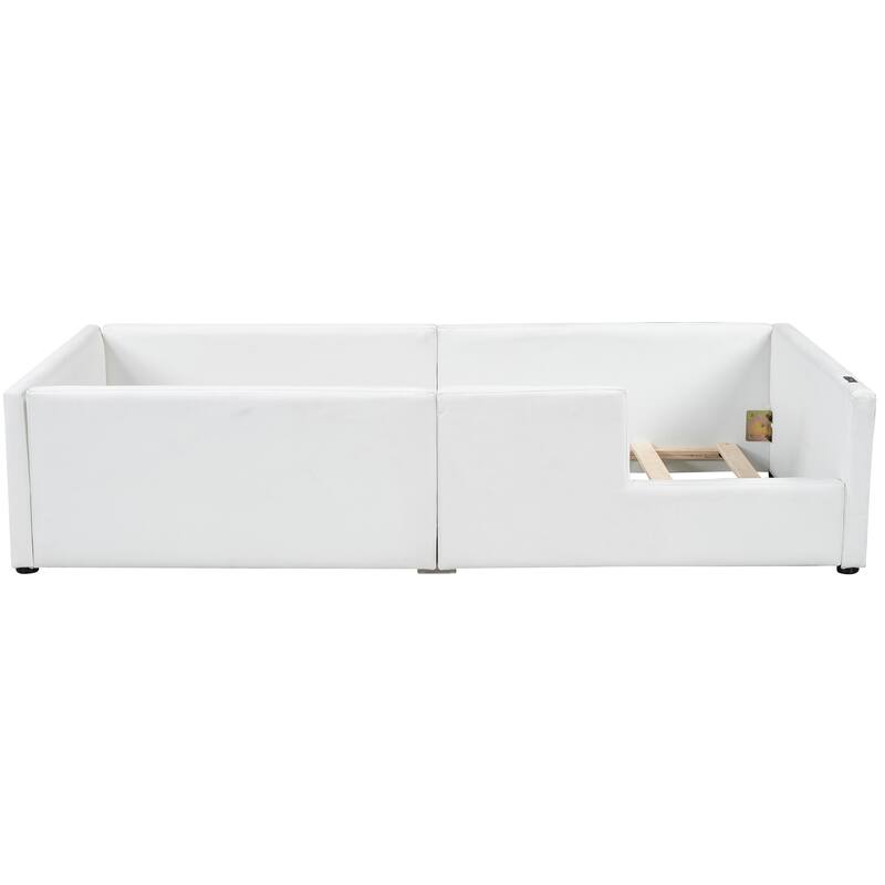 Twin Upholstered Platform Bed with Guardrail and Charging Station, White