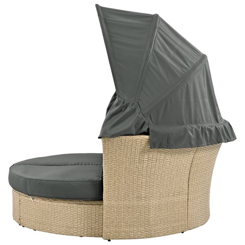 Brown Wicker Rattan Outdoor Day Bed with Gray Cushions and Gray Retractable Canopy