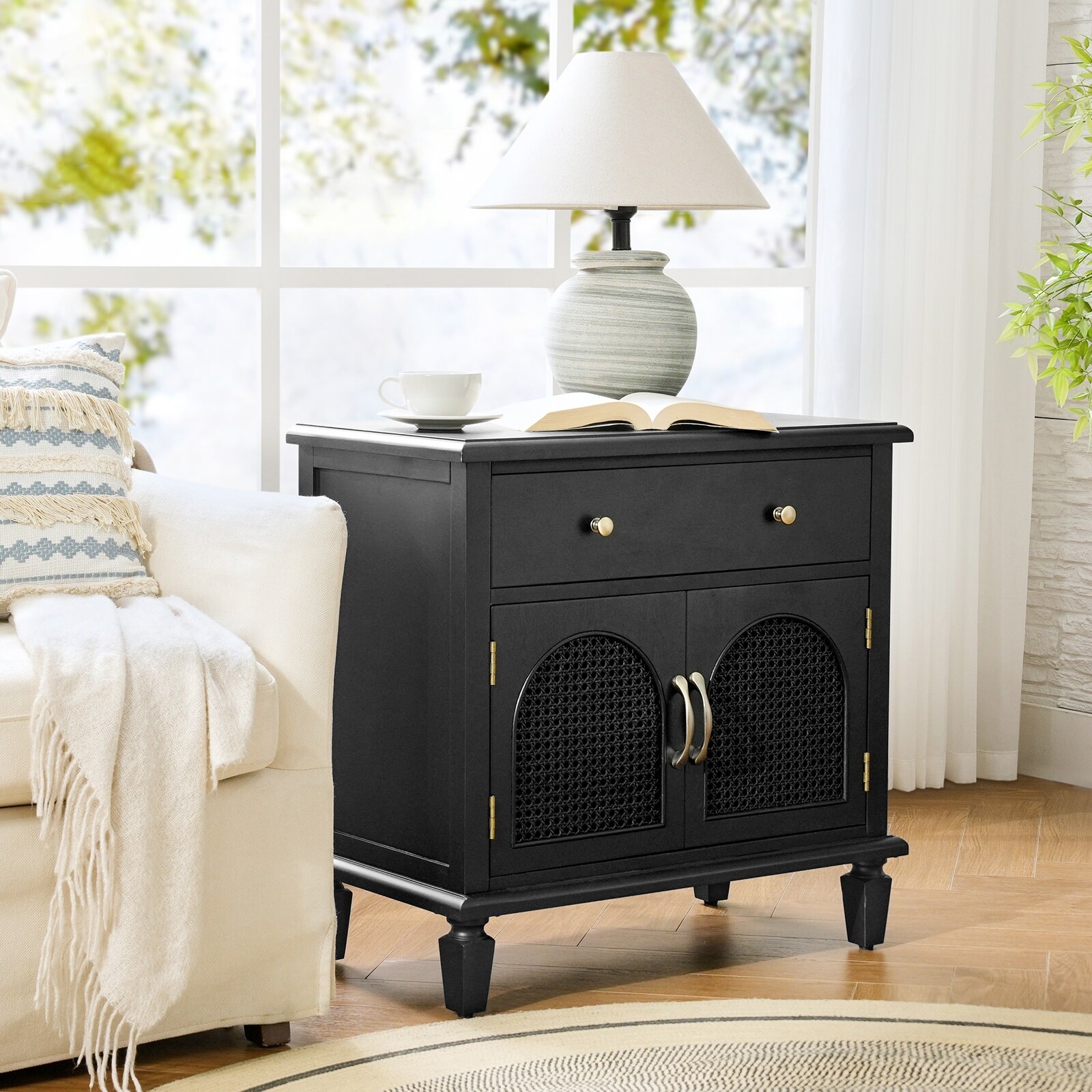 HULALA HOME Georg Traditional 1-Drawer and 2-Faux rattan-Door End
