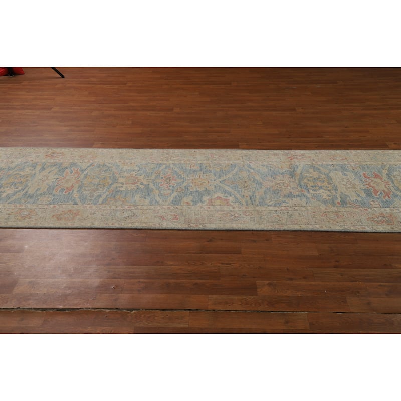 Hand Knotted Oriental 100% Wool Carpet Transitional All-Over Navy Blue & Blues Oushak Runner Rug - 11' 2'' X 2' 11''