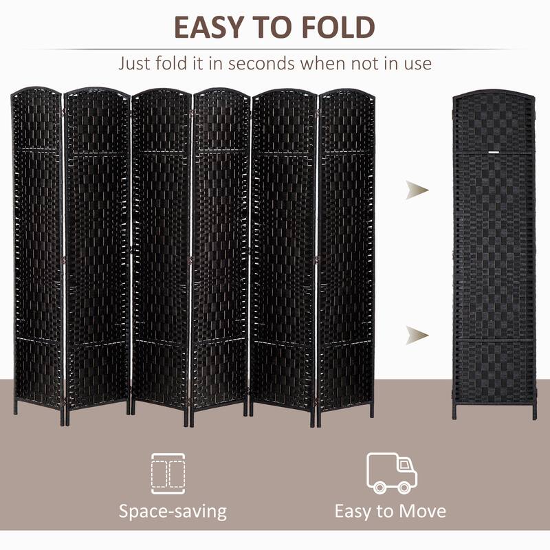 HomCom 6' Tall Wicker Weave Six Panel Room Divider Privacy Screen - Black Wood