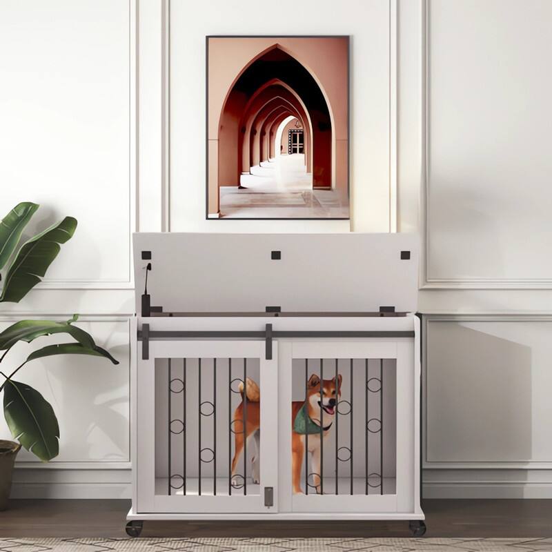 Sliding Barn Door Dog Crate Furniture with Flip-top Plate