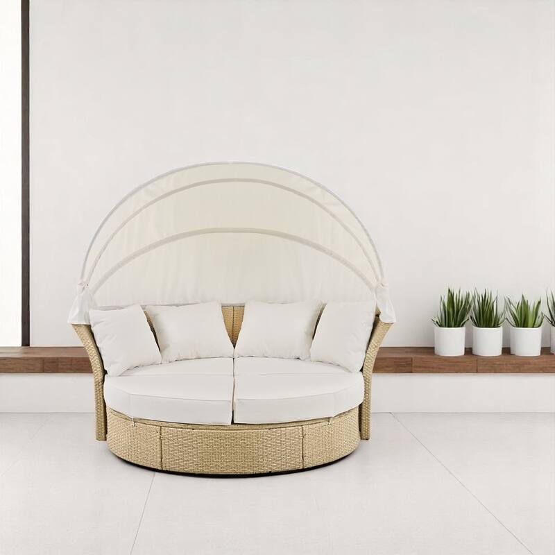 Convertible Patio Daybed Sofa outdoor Furniture Set with Retractable Canopy, Cushions, and Pillows - for Outdoor Use - Beige
