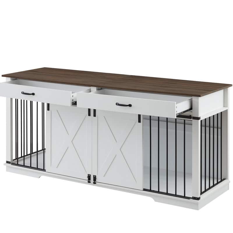 Wood Barn Door Large Dog Crate Furniture With 2 Drawers and Divider