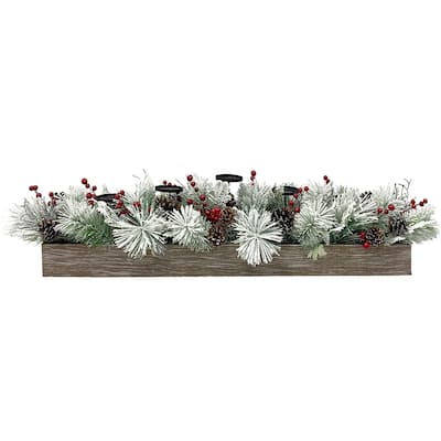 Fraser Hill Farm 42-inch 5-C&le Holder Centerpiece with Frosted Pine Branches, Red Berries & Pinecones Rustic, Wooden Box