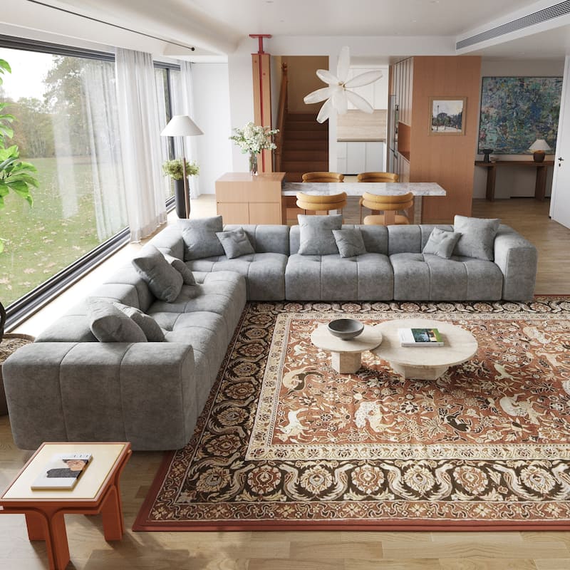 144'' W Extra Large Linen Corner Sectional Sofa Couch for Living Room Set - Grey