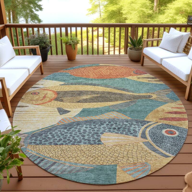 Machine Washable Indoor/ Outdoor Modern Fish Chantille Rug - Teal - 8' x 8'