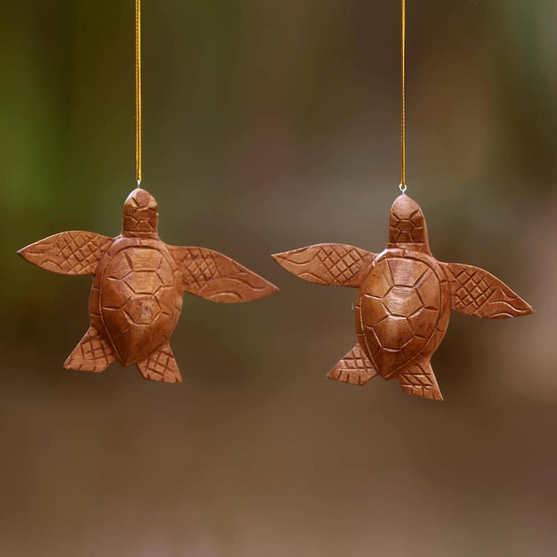 NOVICA Patient Turtle, Wood ornaments (pair) - 1" H x 5.25" W x 3.9" D