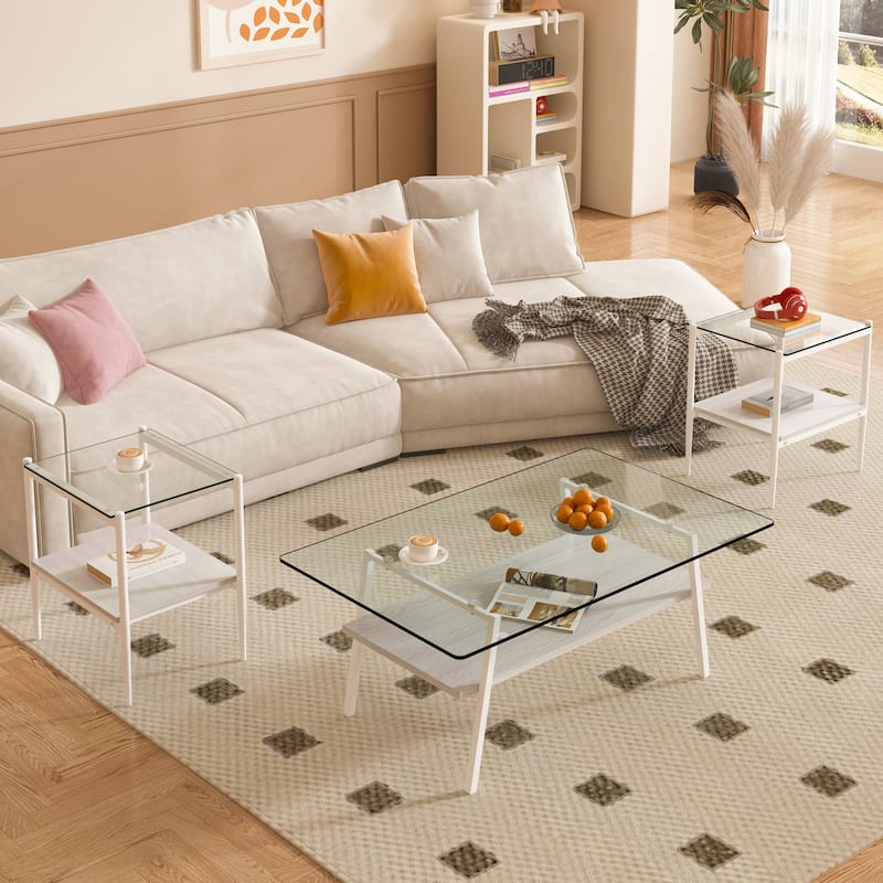 Coffee Table and End tables Set of 3, Tempered Glass Table with MDF layer, Modern Tables for Living Room, Transparent Glass - Transparent+White