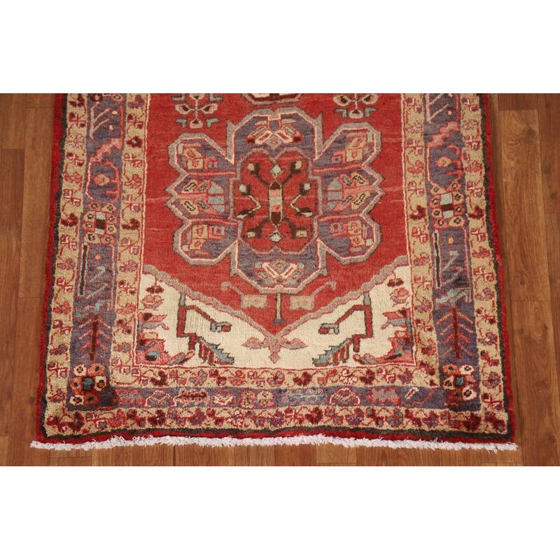 Vegetable Dye Red Heriz Persian Vintage Runner Rug Handmade Carpet - 3'1"x 9'8"