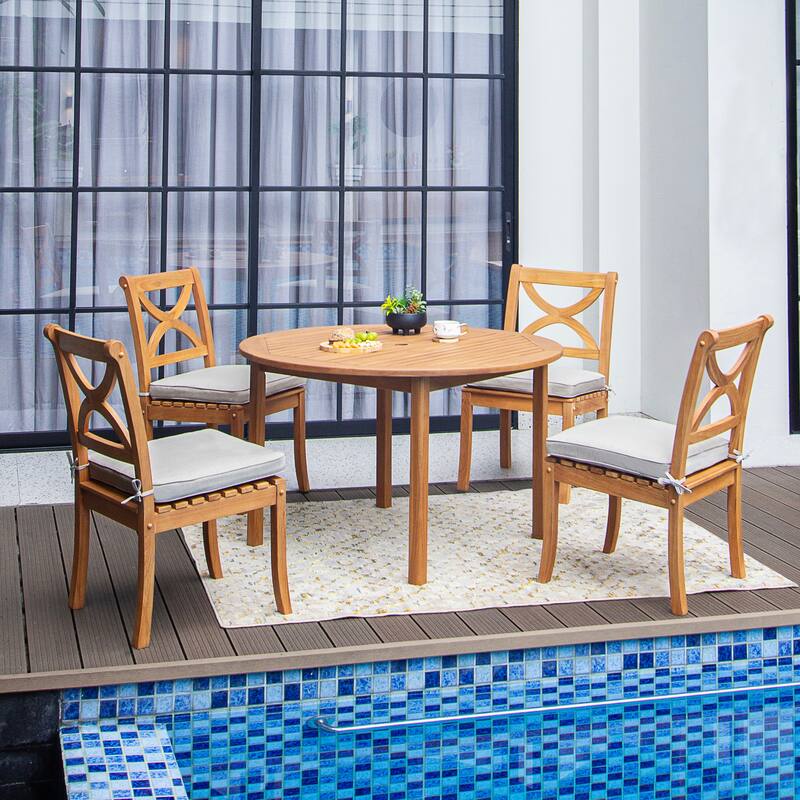 Cambridge Casual Lowell 5-piece Teak Patio Dining Set with Round Dining Table - Natural Teak/Beige