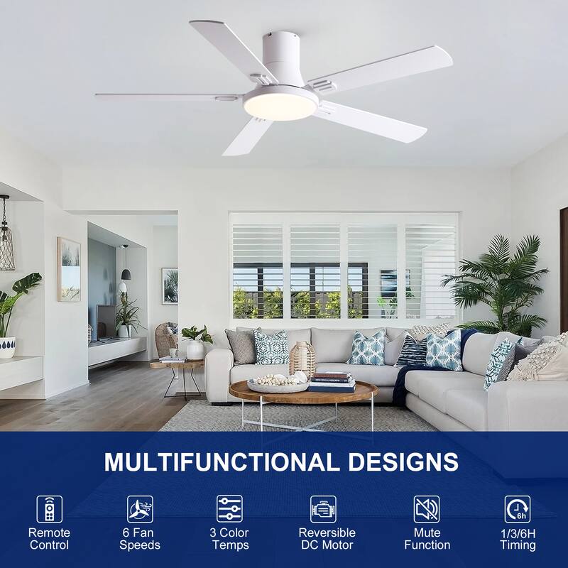 YUHAO AeroLite 48 in. Indoor White Low Profile Standard Ceiling Fan with Bright White Integrated LED Light Kit, Remote Included