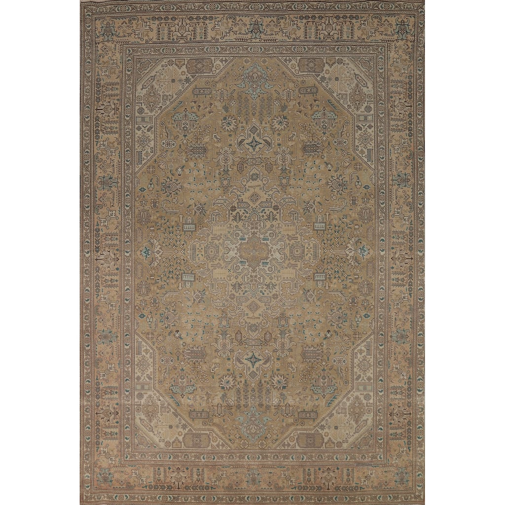 Geometric Tabriz Persian Area Rug Handmade Brown Wool Carpet - 8'2"x 11'9"