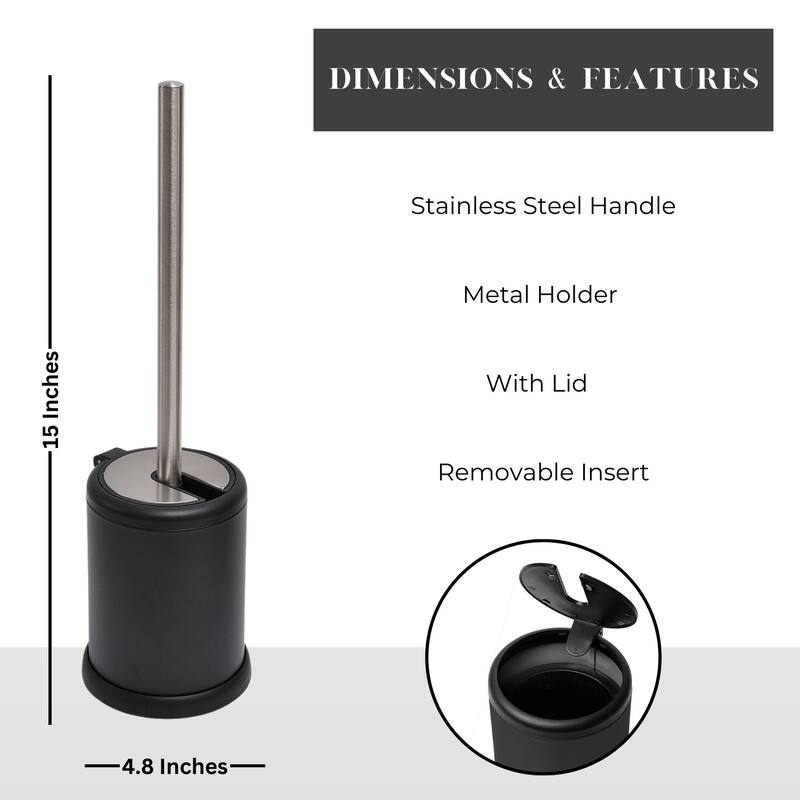 Black Toilet Brush Set with Stainless Steel Handle, Folding Lid and Removable Insert - 15 inches H x 4.8" Diam