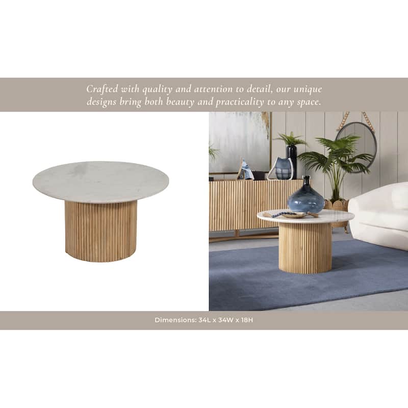 Sagebrook Home Mango Wood & Marble Accent Table with Reeded Base, MDF Support, and Contemporary Cylinder Design