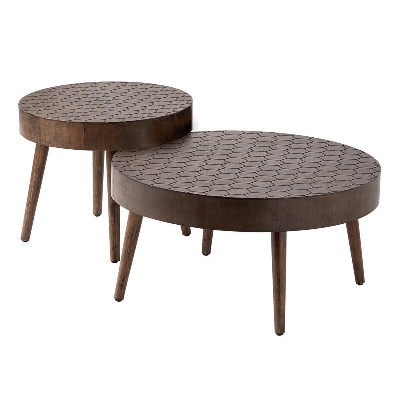 COSIEST Rustic Brown Solid Wood Coffee Table for Living Room - Set of 2 Honeycomb Table