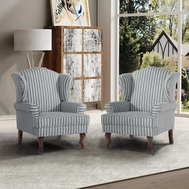 2 Set Traditional Wingback Accent Chairs Upholstered Armchair - Stripe Gray