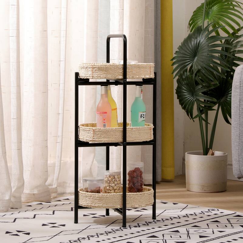 Small Handwoven Side Tables 3-Tier Oval Organizer Portable Storage Shelf
