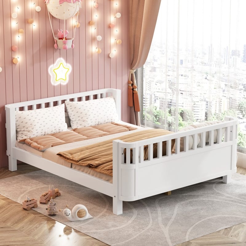 Full Size Wood Platform Bed with Rails for Kids
