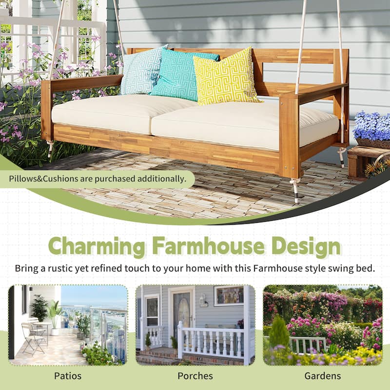 Twin Size Acacia Wood Porch Swing Daybed with Ropes, Outdoor Hanging Garden Bench Frame for Patio, Backyard or Porch