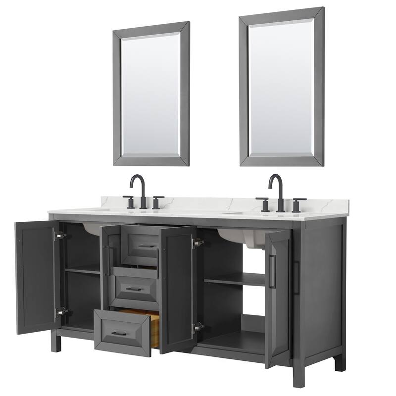 Daria 72-inch Double Vanity, 3 Hole Quartz Top, 24-inch Mirrors