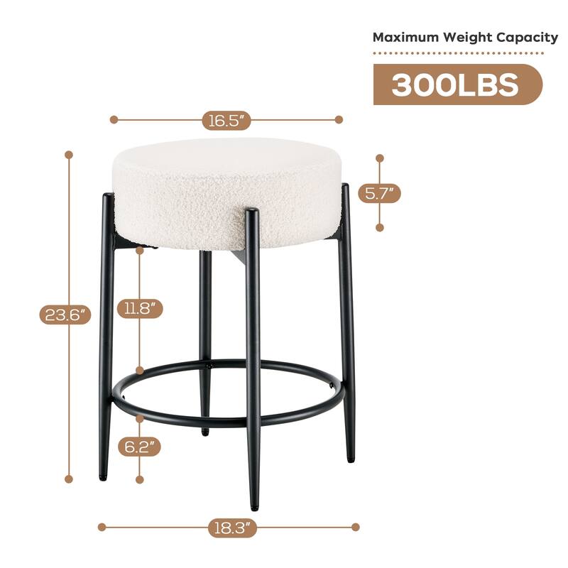 Mid-Century Modern Chair Set of 2 - 23.6" Backless Kitchen Stools with Boucle Upholstery & Sturdy Metal Base